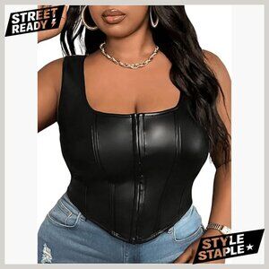 Plus Size Leather Sleeveless Corset Top Asymmetrical Hem Tank